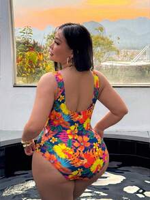 Swim SXY 大尺碼一件式泳衣，夏季海灘度假豹紋露背一件式泳衣，海軍藍熱帶性感風 - 彩色 - 查看 2