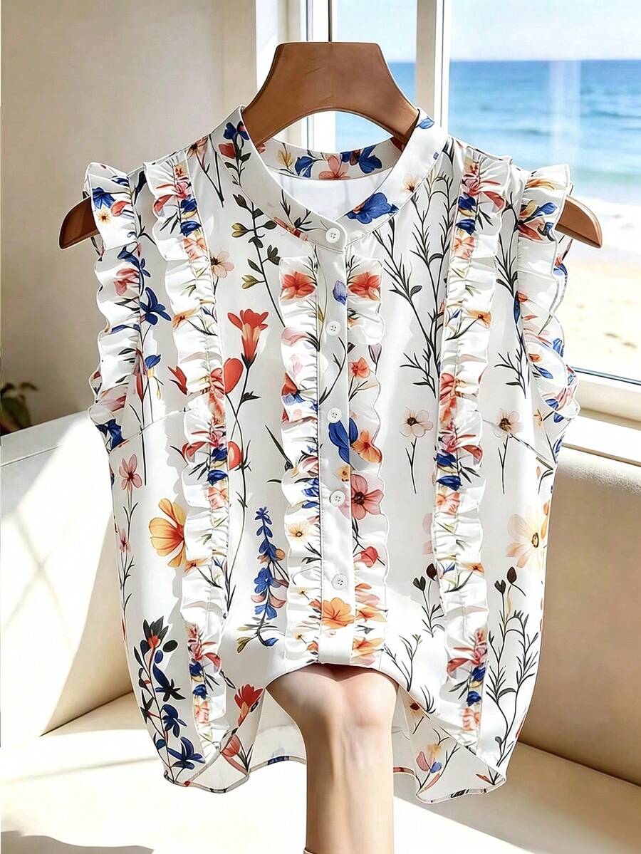 SHEIN Franclia Áo kiểu Pháp cổ điển mùa hè in hoa, viền bèo nhún, cài cúc phía trước. - trắng - Xem 1