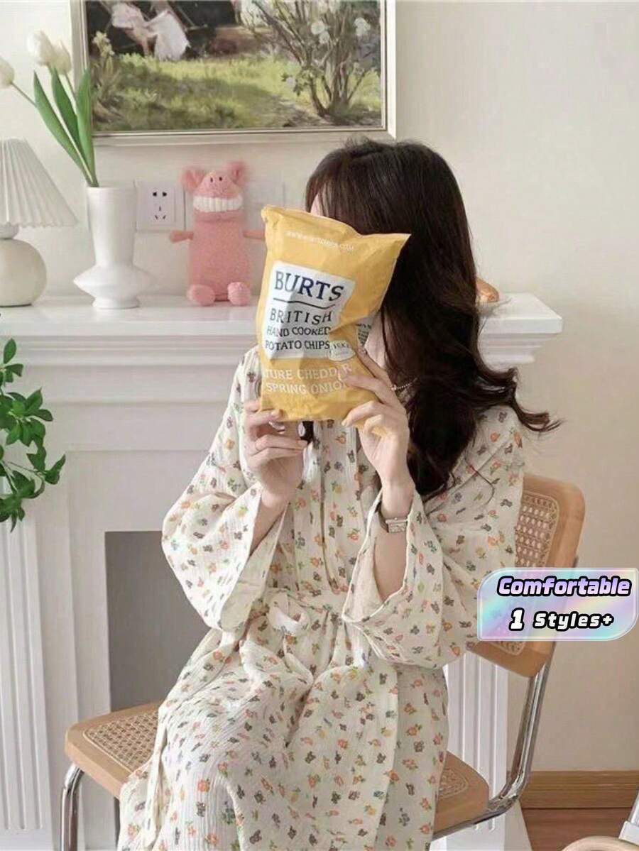 一件式女士浴袍睡衣,可爱小熊图案,女士秋季长款睡衣,休闲家居服套装,舒适V领浴袍,长袖带口袋,女士休闲睡衣浴袍 - 碎花小熊 - 查看 1