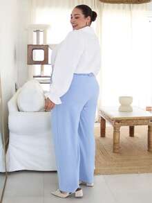 Pretty and Ole Plus Size Solid Color Front Button Pocket Casual Long Pants, Everyday Wear - Baby Blue - View 4