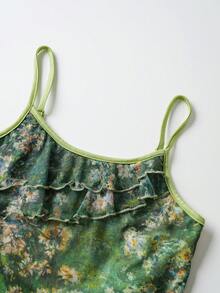 SHEIN 儿童少女复古绿色油画植物印花网纱两件套，美人鱼裙套装 – 非常适合度假、野餐、派对和节日活动。绿色两件套，少女绿色夏季套装，印花裙套装，度假绿色套装，夏季服装。 - 綠色 - 查看 9