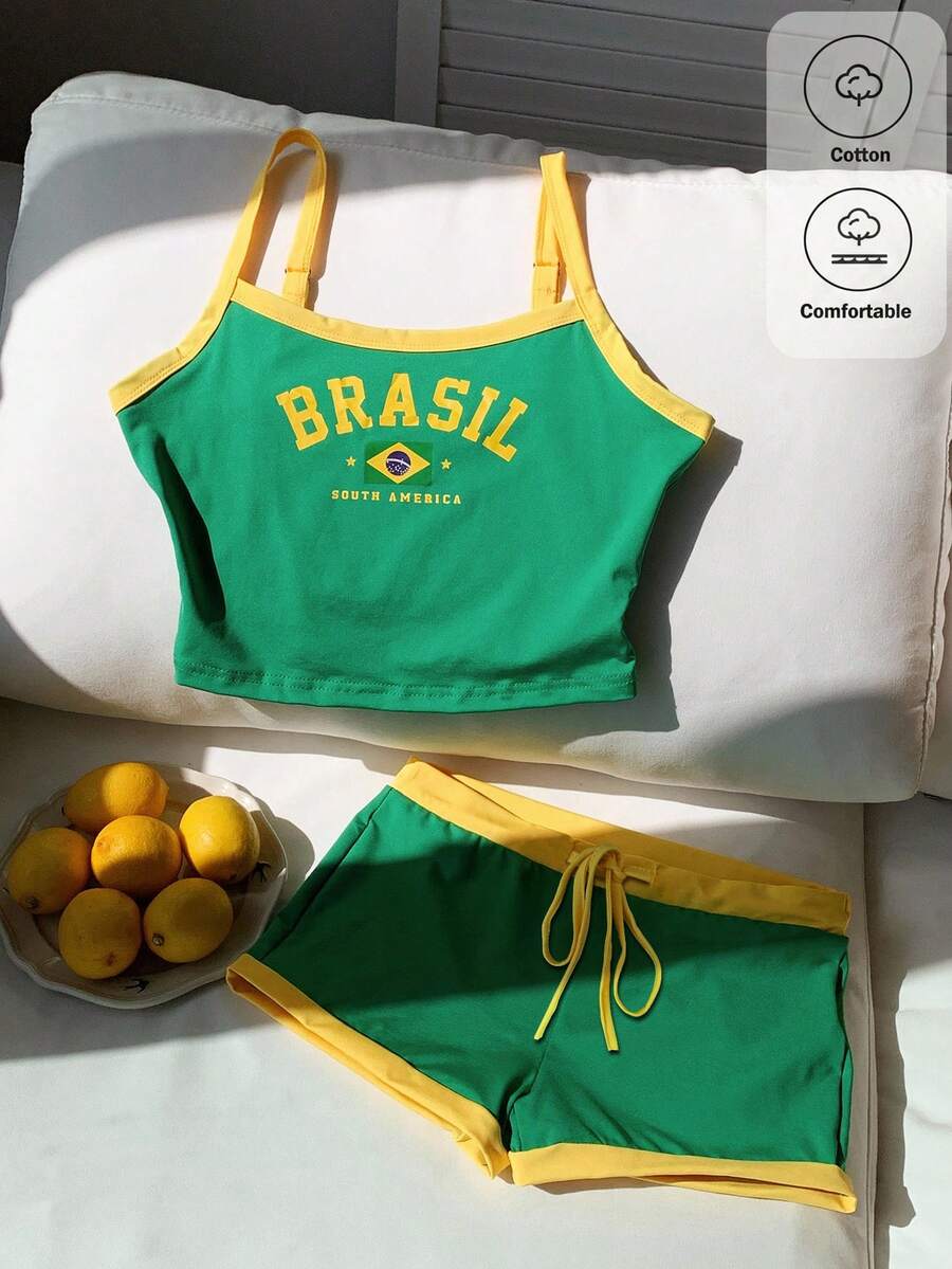 SHEIN EZwear Bộ áo croptop và quần short in chữ màu sắc rực rỡ cờ Brazil, chất liệu 95% cotton, trang phục mùa hè, phù hợp cho đi làm hàng ngày, hẹn hò, dự tiệc, Giáng sinh, Năm mới, Lễ Tạ ơn, Tiệc tùng, Đám cưới, Bãi biển, Lễ tốt nghiệp, Thời trang, Thanh lịch, Thường ngày, Đi chơi, Hẹn hò, Đi làm, Nổi bật, Ngày Valentine, Sang trọng, Kỳ nghỉ, Thường ngày, Y2K, Đi chơi, Lễ tốt nghiệp. - Nhiều màu - Xem 1