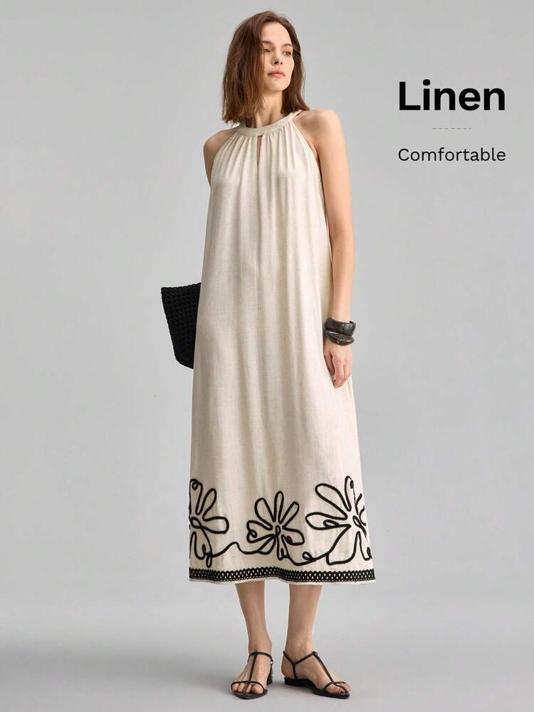 Linen Blend Dress For Women,Black Floral,Summer,Boho,Holiday,Tea Party,Holiday,Sleeveless A-Line Loose Fit Long Dress,Elegant Urban Chic Party Gown