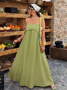 Weeklong Vestido de tirantes finos de unicolor minimalista para vacaciones de verano para mujer de talla grande - Limelight Green - Ver 3