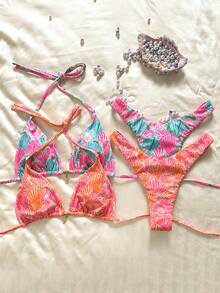 Elavelle 2026 Spring/Summer Colorful Shell Strap + Orange Shell Strap Halter Tie Side High Cut 4-Piece Bikini Swimwear, Suitable For Beach Photography - Multicolor - View 1