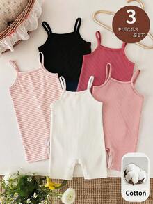 LMoss Kids 3pcs Baby Girl Summer Cute Solid Color Elastic Camisole Romper Set - Multicolor - View 4