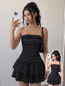 SHEIN 儿童/少女春夏法式时尚波点蕾丝荷叶边蝴蝶结设计办公室/休闲可爱甜美无肩带修身腰部层叠下摆黑色优雅连衣裙，女士连衣裙，少女短款休闲迷你连衣裙，秋冬打底衫 - 黑色 - 查看 4