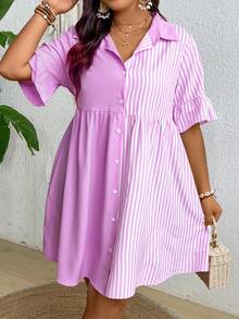 SHEIN Clasi 大码女式条纹短袖单排扣休闲衬衫裙 - 紫色 - 查看 1