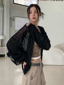 DAZY 女款寬鬆版型純色長袖薄針織開襟衫，休閒度假風，適合夏季校園穿搭 - 黑色 - 查看 8