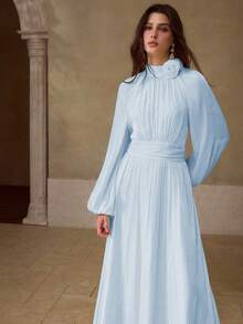 MOTF PREMIUM VESTIDO LARGO CON MANGAS FAROL Y CINTURA FRUNCIDA PARA MUJER - Gris azul - Ver 3