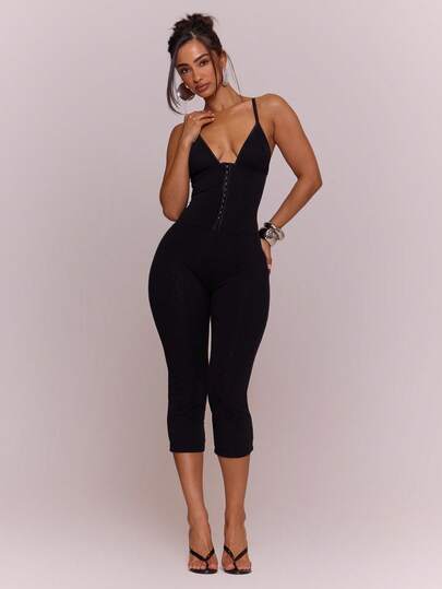 MUSERA Plunge Hook And Eye Corset Detail Fitted Capri Jumpsuit Unitard Sexy Spring Summer Evening Cute Elegant Date Night Festival Vacation Ibiza Club
