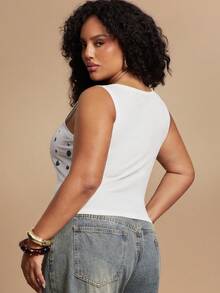 SHEIN BAE Plus Size Women's White Summer Night Rave Ribbed Tank Top,Sleeveless Square Neck Camisole With Silver Stud Rivet Details,Fashionable Chic Streetwear - White - View 2