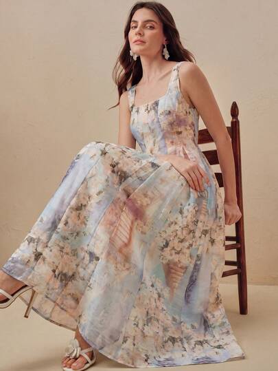 Anewsta Nuevo vestido largo de verano para mujer, elegante, con estampado de pintura al óleo francesa, cuello cuadrado, sin mangas y cintura ceñida