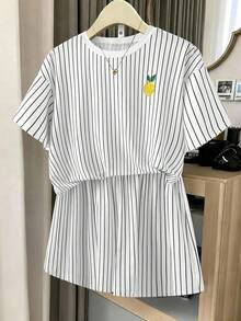 Sweetra Summer Striped Casual Loose Short Sleeve Shorts Set, Lemon Print Loungewear Suitable For Daily Casual Wear - White - View 5