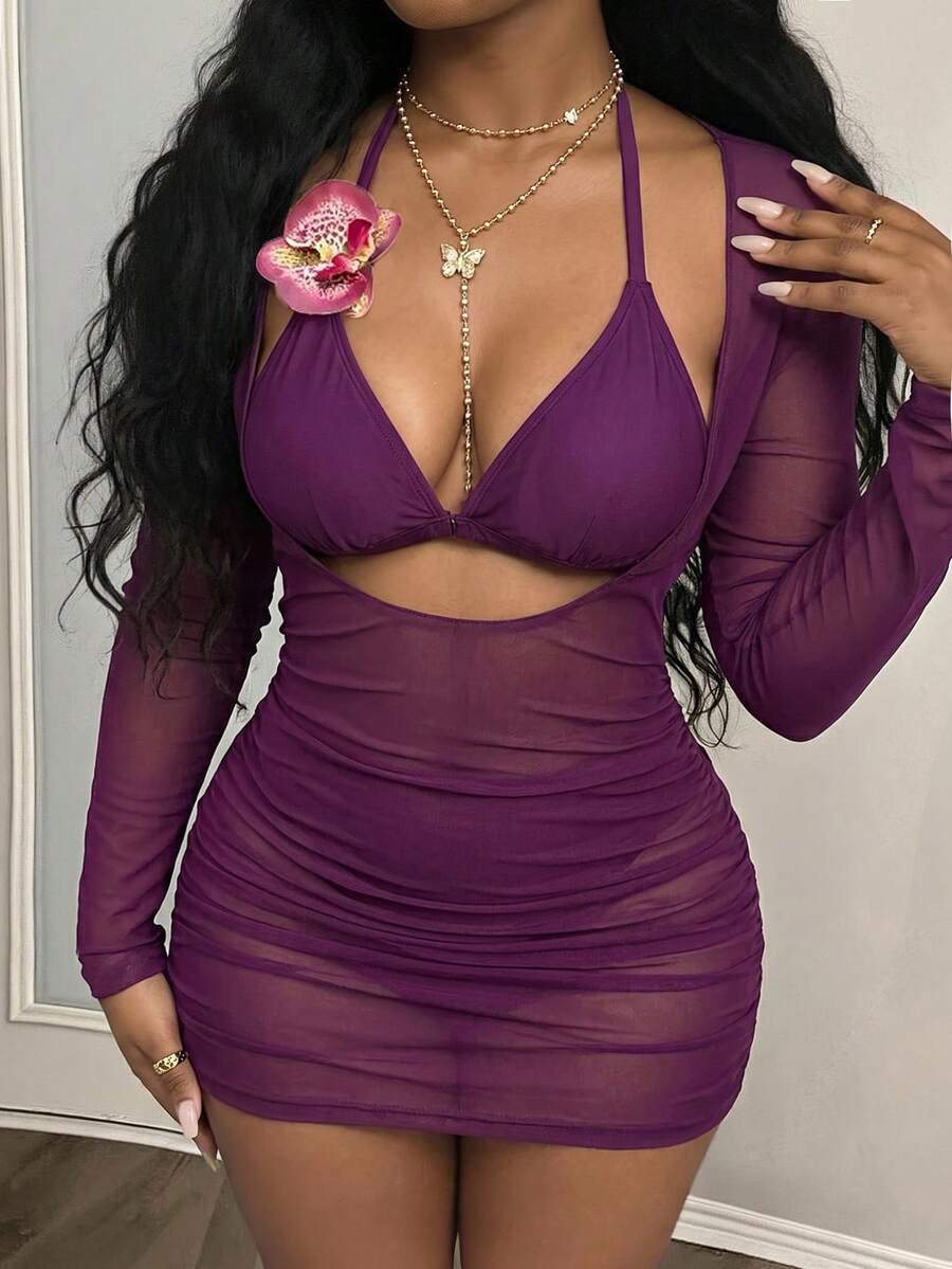 Maweii Costume da bagno da donna taglie forti, set da 3 pezzi, con accenti floreali e colore unito, sexy - Viola - Visualizzare 1
