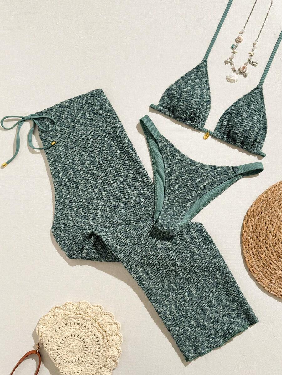 Swim Vcay Bộ đồ bơi nữ 3 món Xuân/Hè 2026 mới, đồ bơi, quần short bơi, chân váy, chất liệu vải đặc biệt, trang phục bơi thanh lịch thường ngày cho đi biển nghỉ dưỡng - màu xanh lá - Xem 1