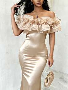 SHEIN Raffinéa Gaun Mermaid Wanita Elegan Warna Polos Berkilau Jala Tanpa Bahu Model Bandeau Patchwork Satin Pas Badan, Musim Semi/Panas - Sampanye - View 4