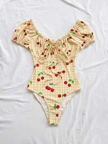 Soleia Women's Plaid Cherry Print Ruched Casual Bodysuit, Versatile For Daily Wear - Yellow - View 5
