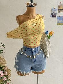 Soleia Cute Summer Polka Dot Yellow Asymmetrical One Shoulder Layered Top,Boho Beach Holiday Wear For Women,Versatile Casual Vacation Date Wedding Top - Light Yellow - View 4