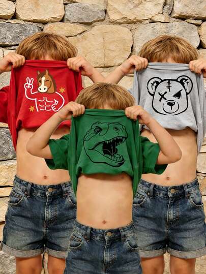 SHEIN 3pcs Young Boys Casual Cute Funny Dinosaur & Bear Print Round Neck Short Sleeve Comfortable T-Shirt Outfits, Suitable For Kids Outfits, Young Boy Clothes, Back To School, Birthday Parties, Evening Parties, Performances, Weddings, Baptisms, Opening Ceremonies, Middle Eastern Clothing, Daily Use, School, Travel, Sports, Spring And Summer Seasons