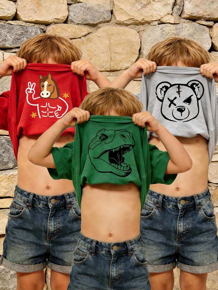 SHEIN 3pcs Young Boys Casual Cute Funny Dinosaur & Bear Print Short Sleeve T-Shirt Outfits,Summer Career Day Kids Clothes For Birthday Parties & School - Multicolor - View 1