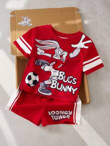 LOONEY TUNES X SHEIN 2件套男婴字母印花短袖T恤和短裤休闲套装 - 紅色 - 查看 3