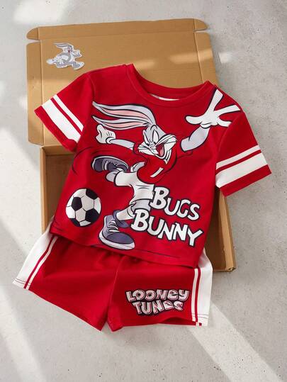 LOONEY TUNES X SHEIN 2件套男婴字母印花短袖T恤和短裤休闲套装