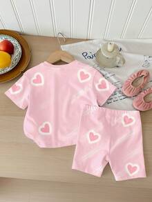Young Girl K-POP Cartoon Cute Heart Pattern Light Pink 2-Piece Set,Short Sleeve T-Shirt And Knee Length Cycling Shorts,Summer,Family Matching,Daily Wear - Multicolor - View 2