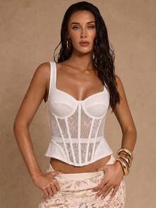 SHEIN Glamour Áo vest nữ thêu họa tiết xương cá rỗng, tinh tế và đa năng. - trắng - Xem 5
