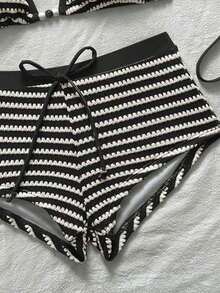 Swim Vcay Conjunto de traje de baño para mujer con top triangular a rayas y calzones de cintura alta, nueva colección Primavera/Verano 2026 - Blanco y Negro - Ver 7