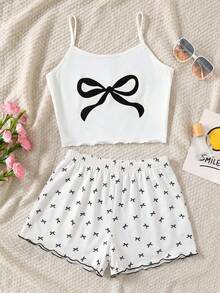 SHEIN Bộ đồ mặc nhà dệt kim thường ngày 3 món cho bé gái tuổi teen, gồm áo hai dây in họa tiết dễ thương, quần dài và quần short. - Màu be - Xem 1