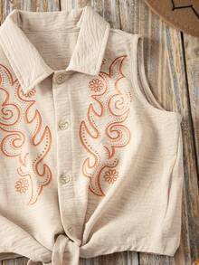 Emery Rose Kids Emery Rose Kids 女童無袖鈕扣短版上衣 西部刺繡前綁帶式夏季上衣 柔軟背心衫 童裝 - 卡其色 - 查看 5