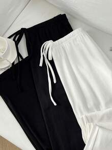 Sweetra Pantalones rectos de mezcla de algodón estilo casual francés en negro y blanco con bolsillos, estilo versátil para la primavera/verano, look elegante de dama - Blanco y Negro - Ver 4