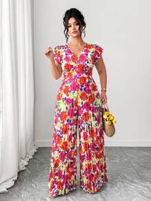 Elenzga Plus Size Women's Elegant Casual Beach Holiday Minimalist V-Neck Ruffle Sleeve Cinched Waist Slimming Long Printed Jumpsuit - Multicolor - View 4