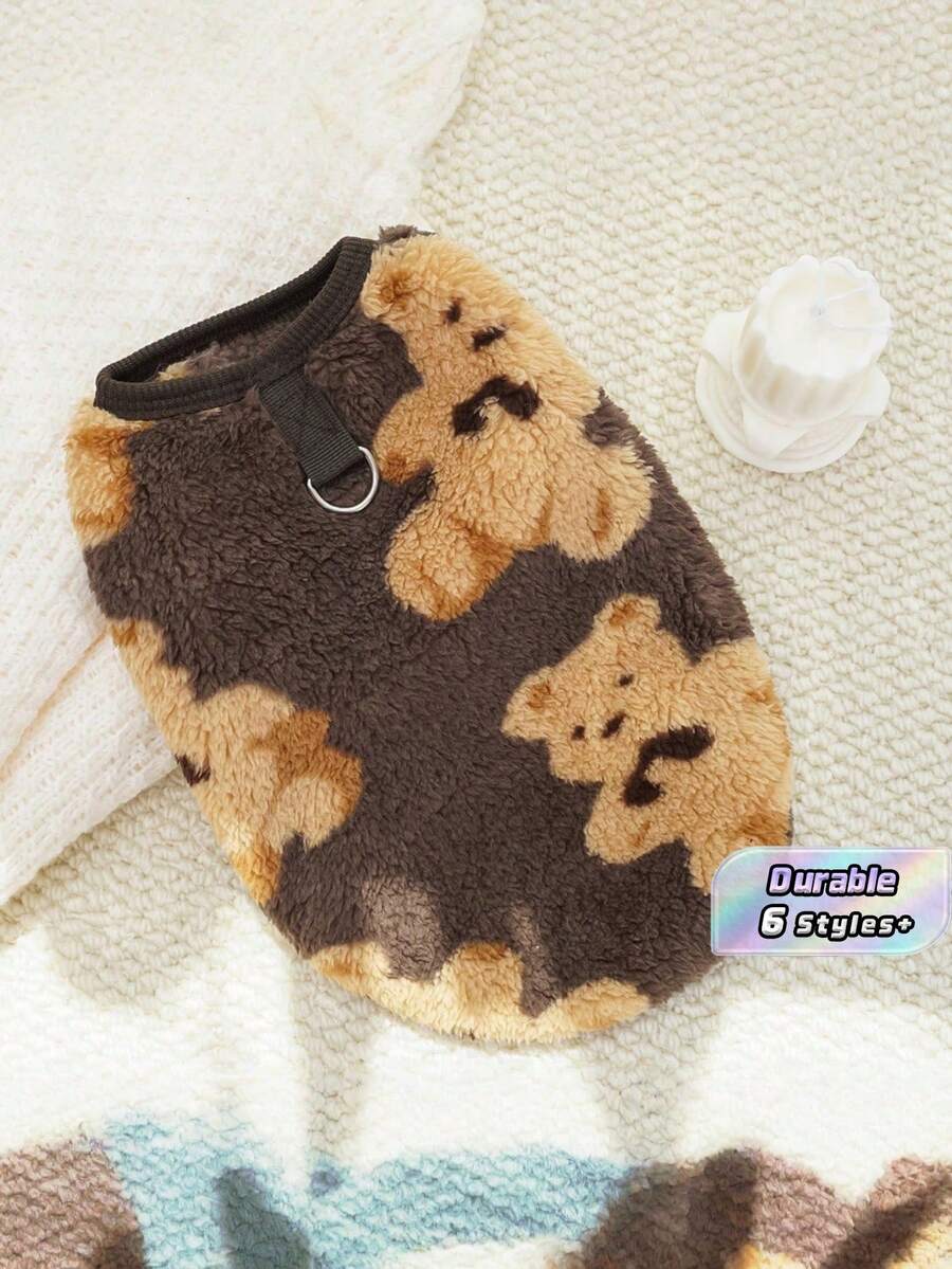1 件冬季新款毛绒保暖宠物衣服,泰迪、比熊、雪纳瑞、贵宾犬牵引带背心 - 棕色 - 查看 1