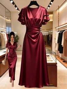 coración de botones para mujer, vestido de seda, vestido ajustado de satén, vestido de satén champán, vestido largo de fiesta, vestido de seda elegante, vestido de lujo, vestido estilo diosa - Burdeos - Ver 4