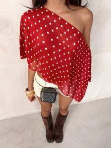 TRNVIE Blusa asimétrica de hombro de malla con lunares negros para mujer, primavera/verano - Rojo - Ver 1