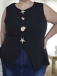 Pretty and Ole Giacca da donna taglie forti con collo rotondo, maniche, stile semplice da ufficio, con finiture in metallo, camicie da insegnante, outfit da donna insegnante nero estivo - nero - Visualizzare 5