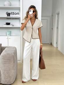 Easowa Áo liền quần cổ chữ V vai rộng tay dài cài kim loại vạt bất đối xứng dáng chữ A, kiểu dáng thoải mái, thanh lịch, thích hợp cho công sở, đi nghỉ mát, mùa xuân hè, áo blazer mỏng cho nữ - Màu be - Xem 4