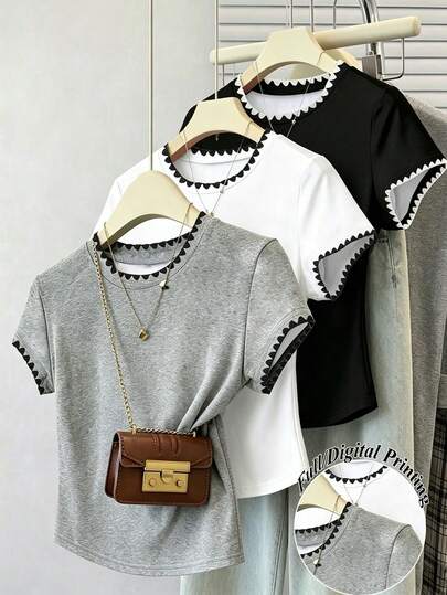 3pcs/Set Teenage Girls' Contrast Ruffle Print Round Neck T-Shirts, High Stretch Slim Fit Basic Tops For Daily Wear, Classic Black White Grey Colors