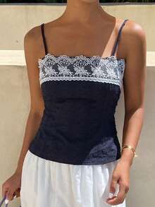 DAZY Contrast Lace Fitted Cropped Casual Basic Vacation Beach Swimming Summer Women Vest White School - Blue - View 8