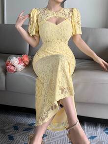 DAZY Đầm dài ren cổ tròn thanh lịch dành cho nữ, thích hợp cho mùa xuân và mùa hè. - Hồng - Xem 3