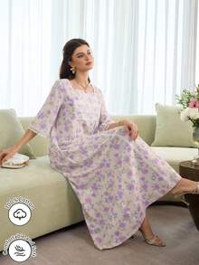 Al Najma 浪漫方领蕾丝边中袖睡袍，春夏款 - 淡紫色 - 查看 9