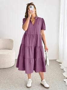 Shapeblank Đầm midi ngắn tay màu đen cơ bản, thoải mái, rộng rãi, đa năng dành cho nữ cỡ lớn, thời trang xuân/hè, trang phục mùa hè, đầm có túi, đầm thanh lịch, đầm đen cơ bản. - Màu tím - Xem 4
