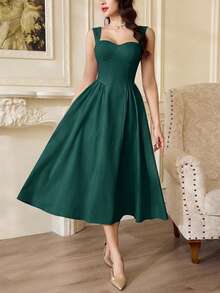 Vestido elegante vintage para mujer con bolsillos, vestido de té casual amarillo para fiestas, festivales y vacaciones, vestido blanco de verano para mujer, vestido de fiesta con c - Verde Oscuro - Ver 3