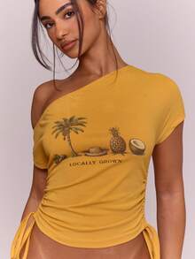 MUSERA Áo thun lệch vai nhún bèo, thắt eo, thích hợp cho kỳ nghỉ hè, du lịch Ibiza, phong cách boho, thanh lịch, thường ngày, lễ hội hóa trang. - Màu vàng - Xem 1