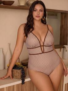 Swim Chiccia 大码女式竖条纹印花度假沙滩连体泳衣 - 彩色 - 查看 4