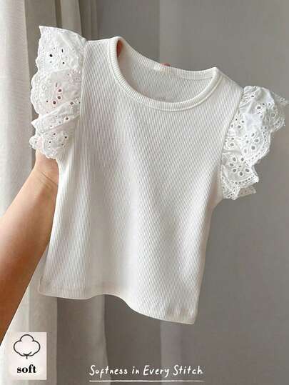 Cozy Pixies Blusa de manga corta con bordado calado para niñas pequeñas, casual, de moda y versátil para verano, vacaciones y camping