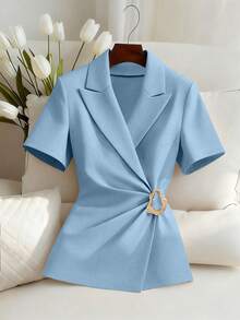 Franclia Elegant Pleated Metal Decor Short Sleeve Blazer Jacket, Versatile For Daily Wear And Commuting, Women Spring/Summer - Blue - View 3