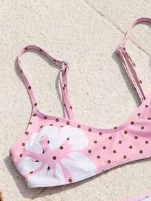 Swim Mod 2pcs/Set Women White Fashionable Cute Beach Golf Outfit, Floral Polka Dot Print Adjustable Spaghetti Strap Bikini Top, Summer Casual Sexy Holiday - Multicolor - View 4